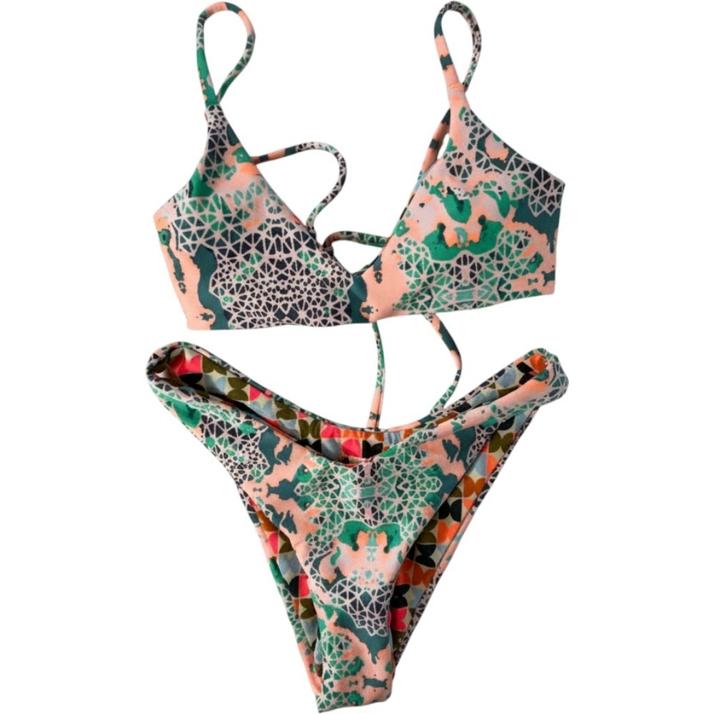 Maaji Reversible Bikini Set Pink Green Geometric Print High Leg Two Piece Small